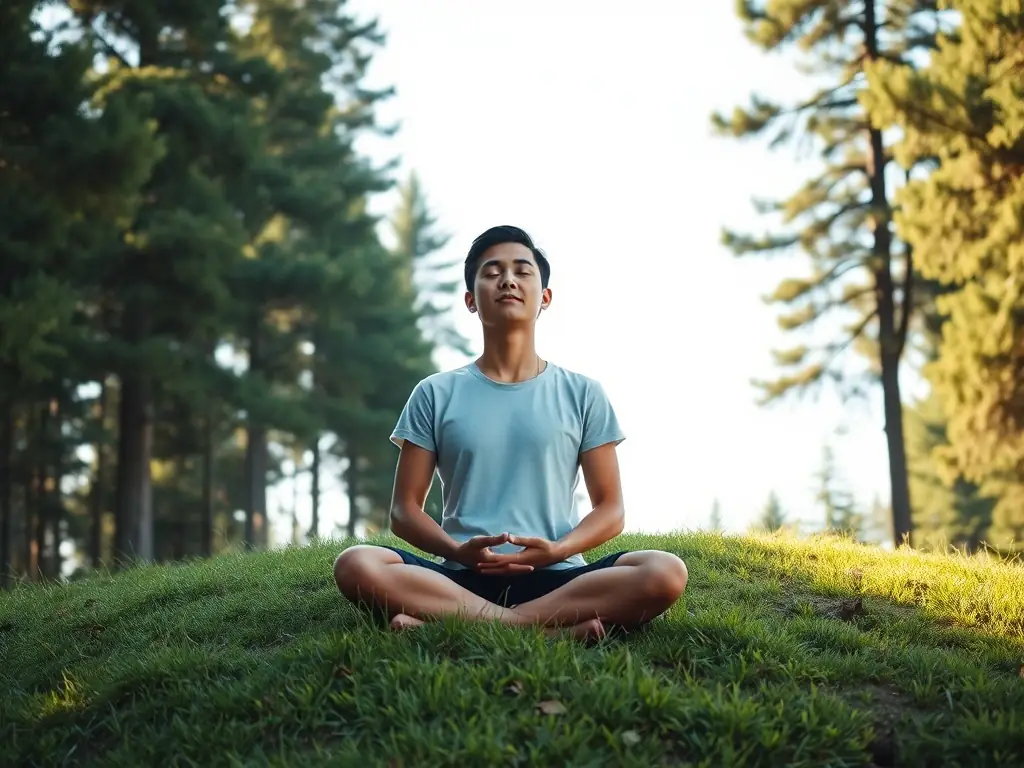 An image of a person in a serene setting, meditating with a cup of herbal tea, emphasizing the calming and therapeutic benefits of the Premium Blends. The scene should evoke relaxation and mindfulness.